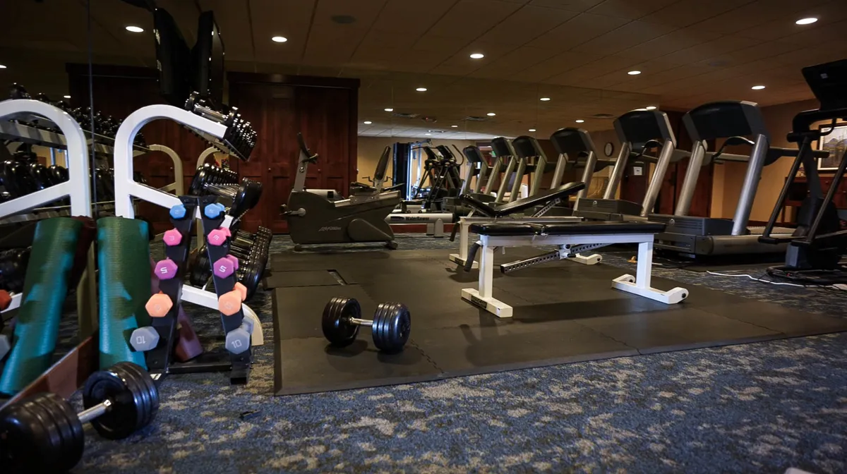 A modern fitness room featuring dumbbells, treadmills, a weight bench, and various exercise machines. The space is brightly lit and organized, conveying an energetic and motivational atmosphere for pursuing personal wellness goals.